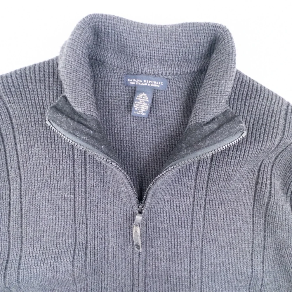 Banana Republic Mens Fine Italian Merino Wool Full Zip Sweater Large Gray Ribbed